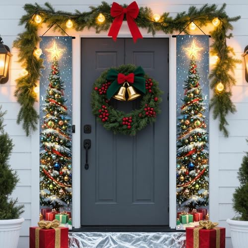 Nuxovilar Christmas Decorations Outdoor Yard Front Porch Sign Set, Lit Christmas Tree Door Banners for Front Door, Hanging Christmas Door Decorations for Home Indoor Outdoor Wall Yard