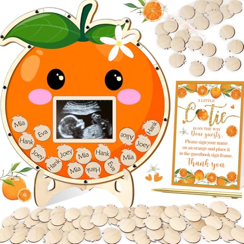 KAMUFU A Little Cutie is on The Way Baby Shower Guest Book Set, 64 Pieces, Little Cutie Baby Shower Decorations with Wood Photo Sonogram Frame Keepsake 60 Wood Orange Chips Pen Standing Sign Synopsis