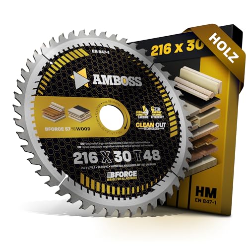 Lama per sega circolare HM 216 x 30 Z48 per batteria legno – taglio fine AMBOSS WERKZEUGE® 216 mm compatibile con Bosch GTS 635-216 Metabo TS 216 Festool KS 60. SYM 70.