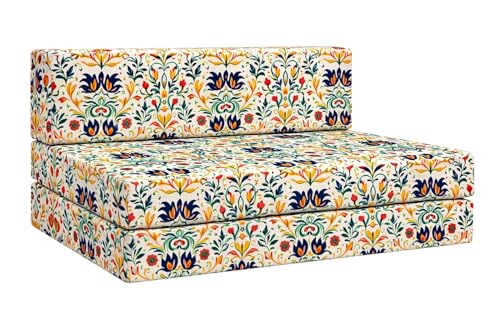 Image of Rosebell 4 Seater Foldable Printed Sofa Cum Bed (6 x 6 Feet) with Washable Cover | Multicolor | Ideal for Living Room, Office & Guest