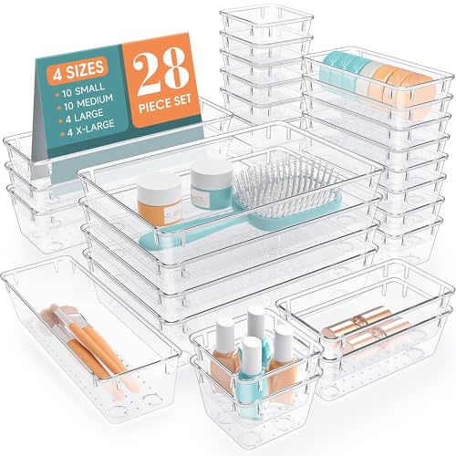 28 PCS Clear Plastic Drawer Organizers Set, 4 Size Desk Drawer Organizer Trays for Makeup, Jewelry, Kitchen Utensils, Gadgets and Office Accessories