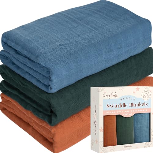 Image of CozyBubs Muslin Swaddle Blankets - Breathable and Skin-Friendly Swaddle Blanket for Boys and Girls - Perfect Nursery Essential and Baby Shower Party Gift - 47 x 47 inches 3-Pack