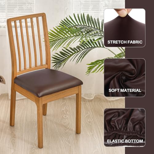 Image of SearchI Waterproof PU Leather Seat Covers for Dining Chairs, 4 Pack Stretch Dining Room Chair Seat Covers, Kitchen Chair Seat Covers Protectors (Brown)