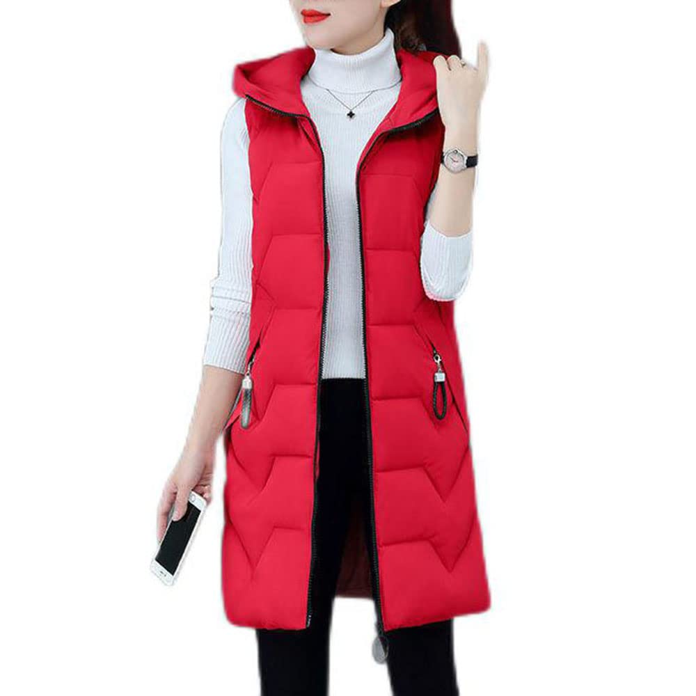 Gilet Trapuntato Lungo, Lungo, Lungo, Con Cappuccio, Senza Maniche, Caldo, Caldo, Per Attività All'aria Aperta, Gilet Trapuntato Da Donna, Lunghezza Gilet Invernale Lungo,Red c,3XL