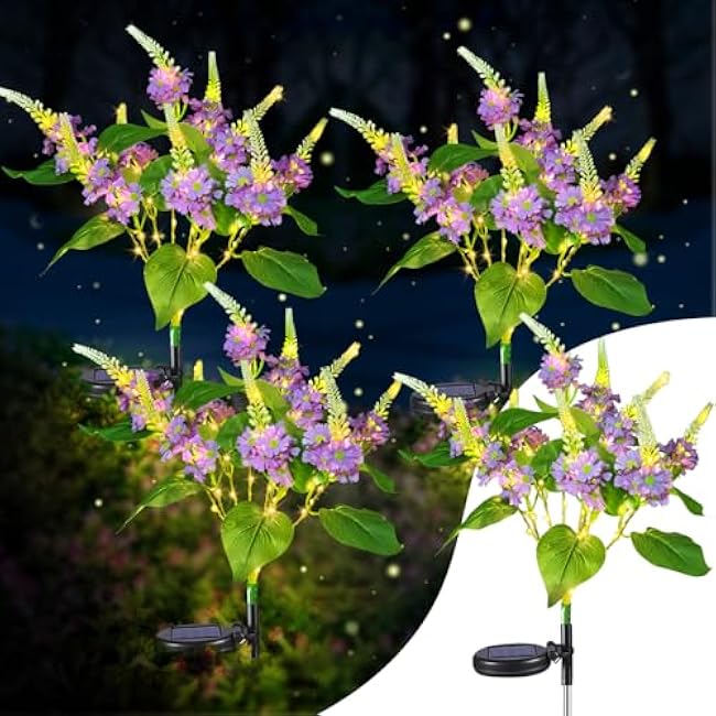 Neporal Solar Flowers Outdoor Waterproof Purple, Lilac Garden Solar Lights Decorative 4PK 8-Stem, 2 Lighting Modes, Solar Powered Garden Decor, Solar Yard Decor