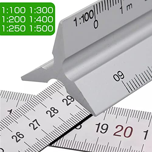 Tuloka Maßstab Lineal, Dreikantmaßstab aus Aluminium Architektonisches Lineal 2 Stücke 1:20 1:25 1:50 1:75 1:100 1:150 und 1:100 1:200 1:250 1:300 1:400 1:500