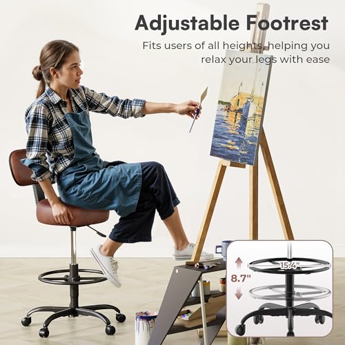 Image of SUPERJARE Drafting Chair with Back, Adjustable Foot Rest Rolling Stool, Multi-Purpose Office Desk Chair, Thick Seat Cushion for Home Bar Kitchen Shop - Rustic Brown