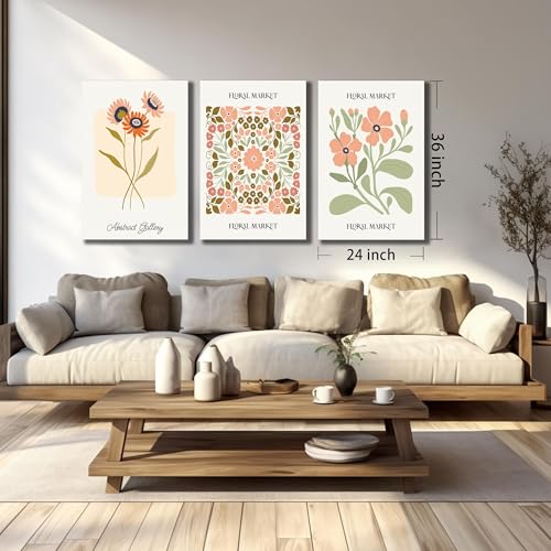 Image of SKYRISE 3 PCS Boho Floral Canvas Wall Art, Rustic Botanical Canvas Paintings Prints ArtWork for Living Room, Vintage Flower Pictures for Farmhouse Dining Room Hallway Bedroom Wall Decor 24 inchx36 inch