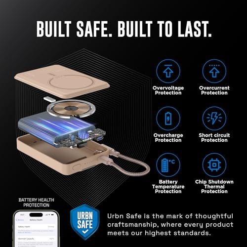 Image of URBN One Premium MagSafe Power Bank 10000mAh | 15W Fast Magnetic Wireless Charging | Built-in Detachable Type C Cable | Dual Port with Pass Through Charging (Mocha)