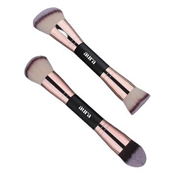 Aura Facial Makeup Brushes, 2 Pcs Double Ended Makeup Brushes for Applying Liquid, Cream and Powder. Includes flat, contour, angled and blending brushes. Foundation and blending brushes. Kabuki