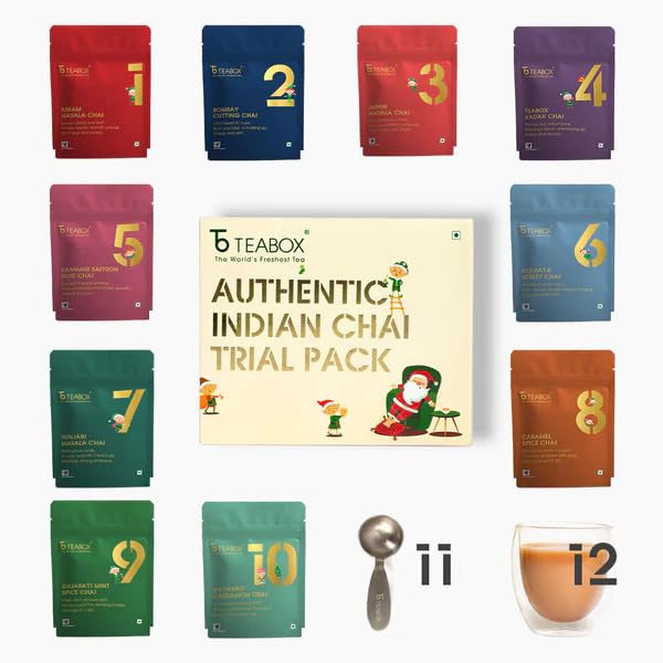 Teabox Advent Chai Trial Pack (Limited Edition) | 10 Authentic Indian Chai Blends x 30g Each | 12 Days of Advent Calendar | Real and Traditional Spices | 10.58 Oz Total