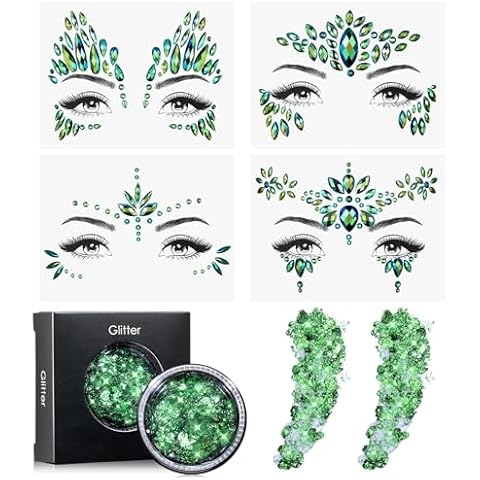 Yaryang 4 Sheets Halloween Face Jewels and Ivy Body Glitter, Green Face Gems Stick on Rhinestone Tattoo Sticker Self Adhesive 20g Chunky Face Hair Glitter for Women Party DIY Makeup Decor Cover