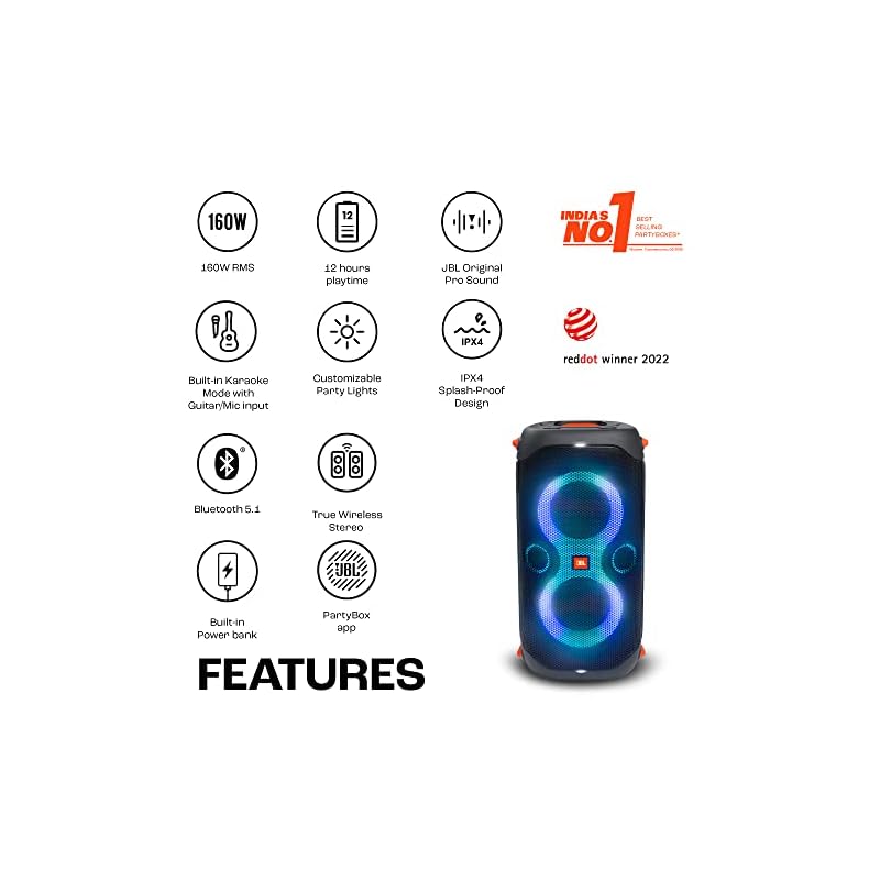 JBL Partybox 110 | Wireless Bluetooth Party Speaker | 160W Monstrous Pro Sound | Dynamic Light Show | Upto 12Hrs Playtime | Built-in Powerbank | Guitar & Mic Support PartyBox App (Black) - Image 3