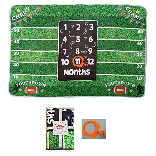 Image of Twin Baby Monthly Milestone Blanket for Boys, Football Sports Themed, Premium Fleece Large 60x40-Inch Photo Background from Newborn to 1 Year Includes Marker