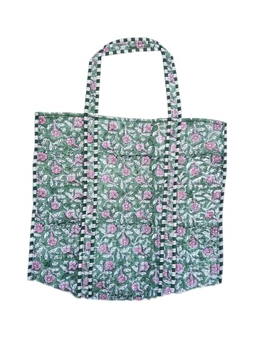 Image of Quilted Cotton Hand printed Reversible Large multicolor cotton Tote Bag,Indian Handmade Block Printed Tote Bag Women Handbag