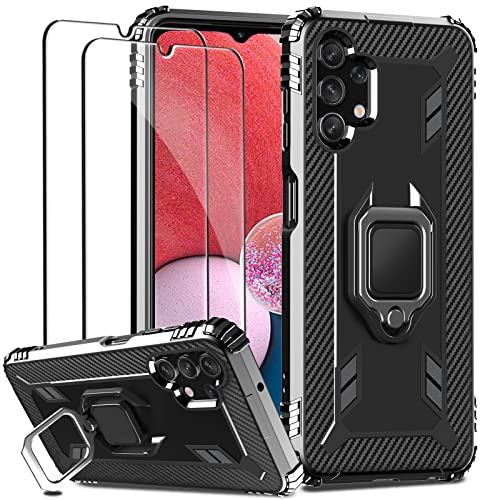 IMBZBK Carcasa Funda para Samsung Galaxy A13 4G (No para A13 5G), Fundas Silicona Negro Case, [Anillo Soporte de 360 Grados], con 2 Piezas 9H Dureza HD Cristal Templado Protector de Pantalla Cover
