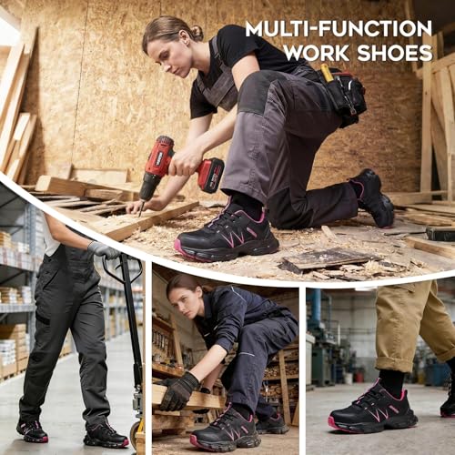 Image of Hogent Steel Toe Shoes for Women Men Wide Non Slip Work Sneakers Indestructible Shoes Lightweight Breathable Construction Sneakers Puncture Proof Ergonomic Design