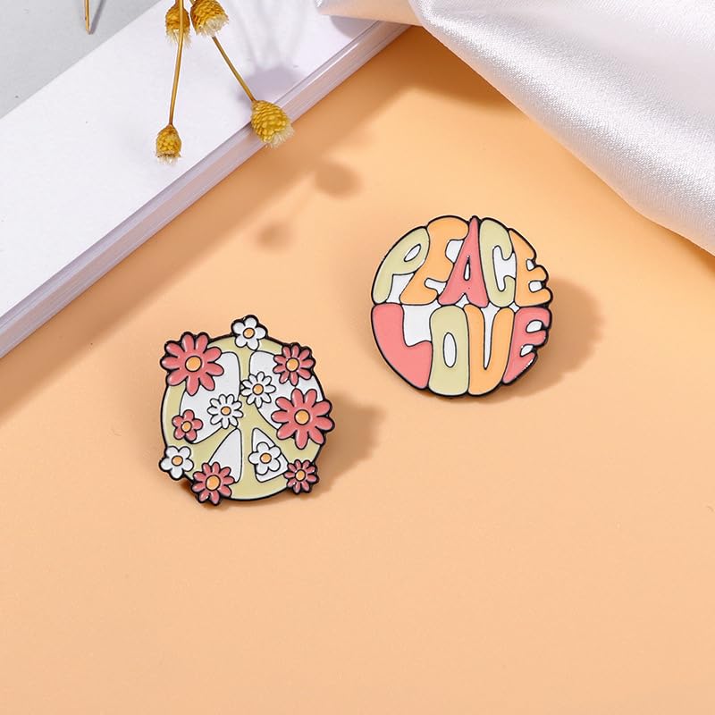 Image of 2pcs Cute Flower Peace Sign Brooches Set for Women Girls Round Pink Enamel Daisy Hippie Love Peace Symbol Breastpin Lapel Pins Dainty Dress Accessories Holiday Festival Jewelry Gifts Souvenirs