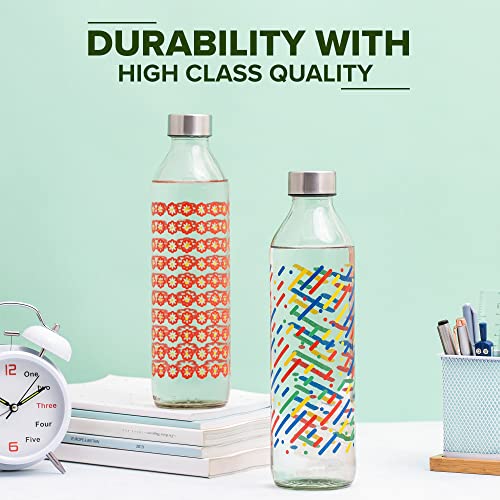 Image of SAND DUNE Set of 6, 800 ml Each Blooming Flowers Printed Glass water bottle, with Leak-Proof Airtight Stainless-Steel Lid for Water, Smoothie, Juices - Reusable Travel Glass Drinking Fridge Bottles