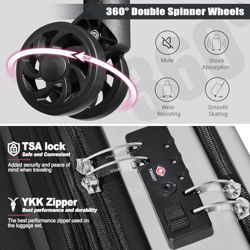 SmileLine 3-Piece Luggage Set Lightweight Hardside Suitcase TSA Lock Spinner Wheels, 20" Expandable Carry-On Luggage with Quick Access Front Open Pocket, Bonus Makeup Bag, 20/24/28 inch, Silver4