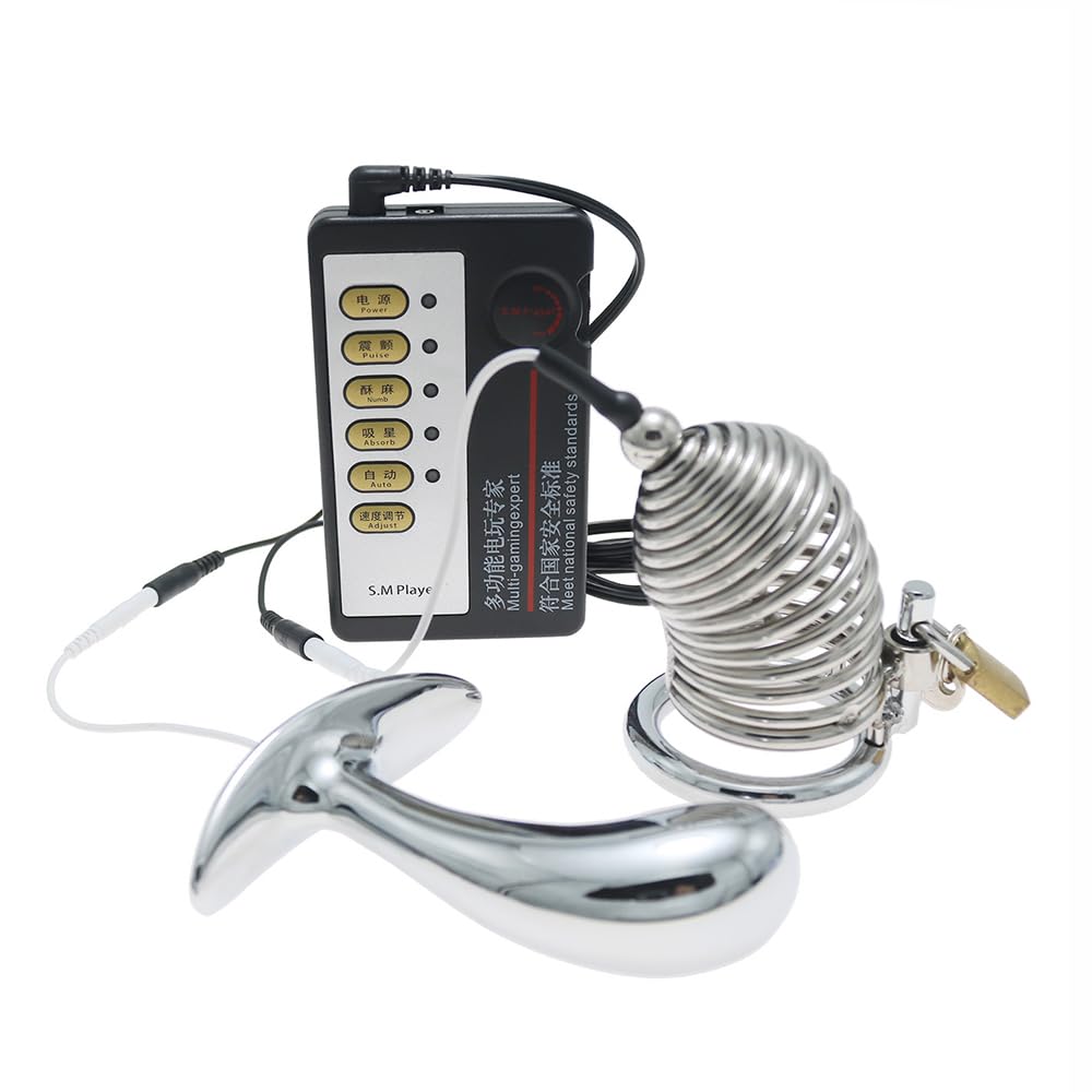 Elektro Shock Keuschheitskäfig Penisplug Metall Analplug Set BDSM Elektrische Stimulation Anal Dilatator Butt Plug Peniskäfig Bondage E-stim Extrem Sex Spielzeug für Männer (Ring:50mm/Plug:L)