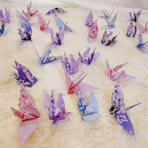 Image of Cherry Blossom Crane Paper Hanging Garlands(3stringsX 5.2ft), Japanese Flower Origami Birds Streamers for Bridal Shower, Baby Shower Birthday Party Supplies,Garden Ceiling Hanging Garland