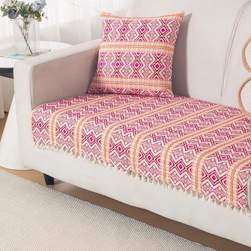 Image of HOKIPO Sofa Cover Mat with Tassel for 2 Seater Sofa | 300 GSM Thick Cotton Acrylic Jacquard Fabric,'Trivana Series' Cherry Red (IN-934-J8*S)