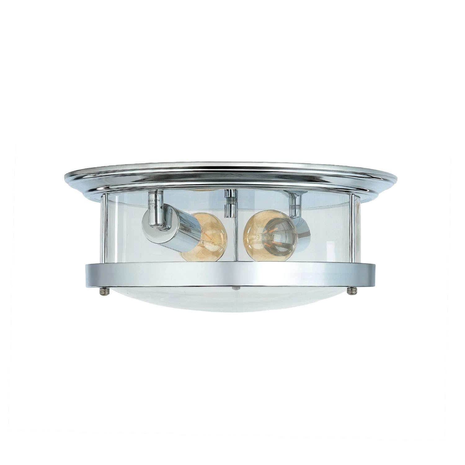 Licht-Erlebnisse Deckenleuchte Badezimmer IP44 Ø 35 cm H: 14,5 cm flach in Chrom 2x E27 Glas Metall Deckenlampe Badezimmerleuchte
