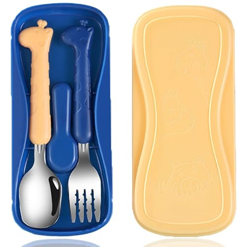 2PCS Posate Bambini, WitBicg Posate Svezzamento Forchetta Bambini, Acciaio Cucchiaino Svezzamento Pappa Neonato Svezzamento, Lavabile In Lavastoviglie Silicone E Acciaio Inossidabile - Giraffa (A)