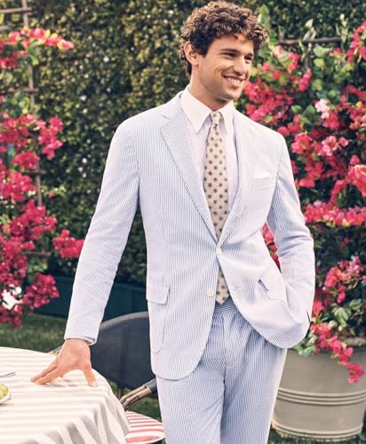 SHUZHXLZANGY Mens Seersucker Suit 2 Piece Slim Fit Summer Suit for Wedding Striped Suit Prom Party3