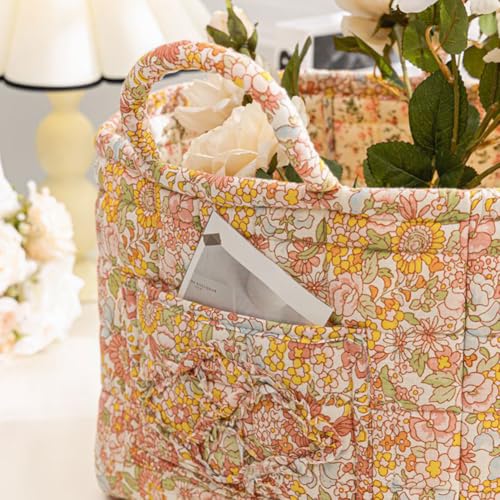 Image of Quilted Fabric Basket Foldable Car Storage Boho Floral Laundry Basket Hamper for Nursery Bedroom & Living Room | Organize Clothes Toys