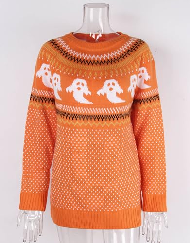 Image of Women's Fair Isle Sweaters Long Sleeve Crew Neck Loose Casual Halloween Pullover Sweater Orange Large