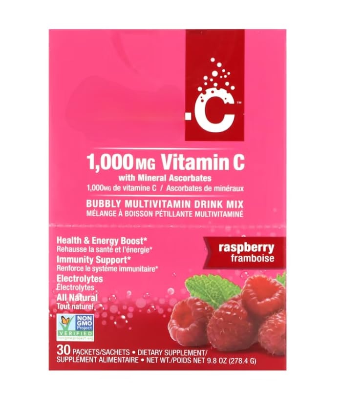 VitaminC, mezcla de bebida multivitamínica, frambuesa, 1000 mg, sin OMG, sin gluten, vegana, 30 paquetes,