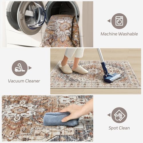 Madane Washable Area Rug 2x3, Small Entryway Rug Non-Slip Vintage Door Mat Indoor Entrance, Low Pile Floor Carpet for Inside Front Door Bedroom Kitchen Entry Laundry (2'x3', Turmeric/Grey)