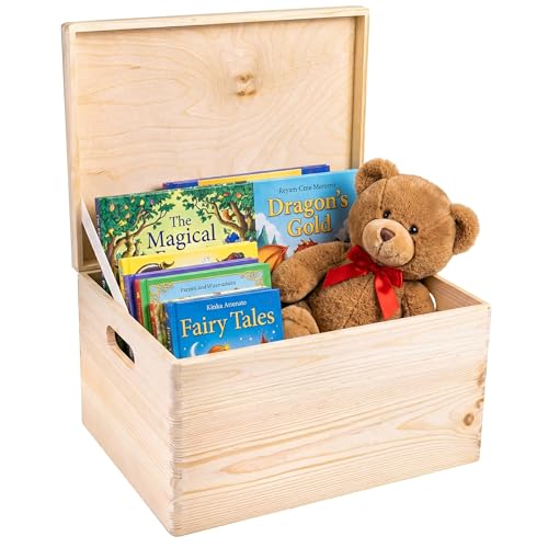 Creative Deco XXL Große Holzkiste mit Deckel | 40x30x24 cm (+/-1cm) | Ostern Holztruhe Erinnerungsbox Baby Holzbox mit Deckel und Griffen Kasten | Für Dokumente, Spielzeuge| ROH, UNGESCHLIFFEN