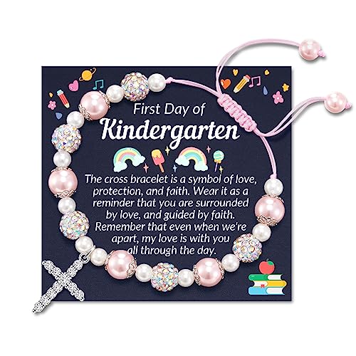 First Day of School Kindergarten Bracelets Gifts, Back to School Kindergarten Gifts, Pink Pearl and Rhinestone Bracelets for Daughter Granddaughter Niece Girls Students