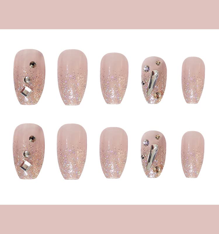 Miniatura 2 de Uñas postizas a presión de color rosa con pegamento cuadradas, uñas postizas medianas con punta de purpurina con diseños de diamantes de imitación,