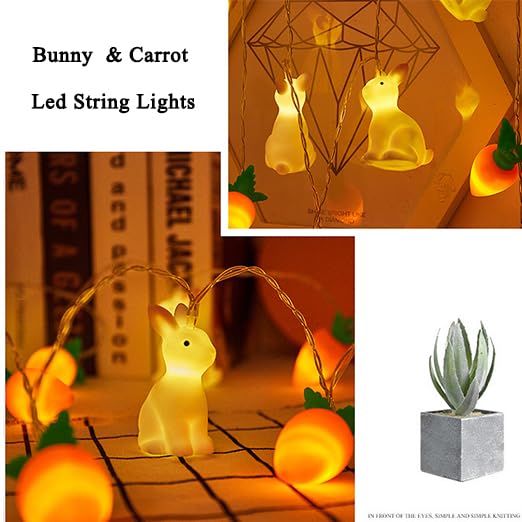 Filo di luci a LED con coniglietto pasquale e carota, 20 m, 20 LED, funzionamento a batteria, decorazione pasquale per interni, per feste, casa, interni ed esterni (bianco caldo)