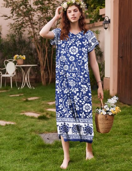 Image of Ekouaer Long Nightgown Women's Loungewear Short Sleeve Sleepwear Full Length Sleep Shirt with Pockets