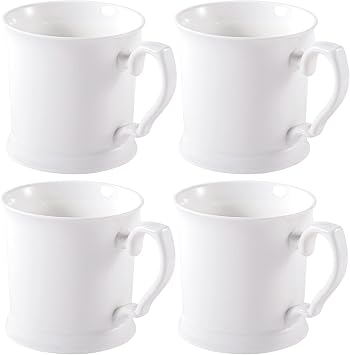Fine Porcelain 16 Ounce White Mug Set for Coffee Tea Water Milk, Set of Four