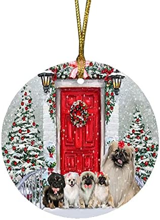 Christmas Express Delivery Red Truck Running Pekingese Dogs Round Flat Ornament - Pet Decorative Hanging Ornaments for Christmas X-mas Tree Decorations - 2.75" Round Christmas Ornament