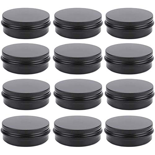 12 Pack 2 oz Aluminum Tin Jar 60 ml Round Refillable Containers Black Aluminum Cosmetic Sample Containers with Screw Lid for Spice Salve Powder or Candies