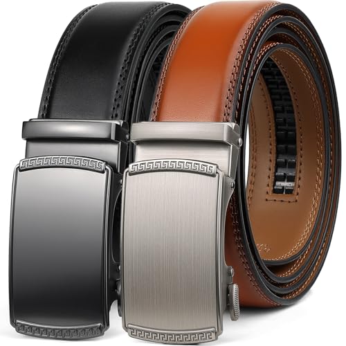 Image of 2 Pack Ratchet Belt 1 3 /8 inch, Mens leather Dress Belt in Gift Set Size 28 inch-62 inch Adjustable waist Trim to Fit (105black / Orange Brown, 28 inch-42 inch Waist Adjustable)