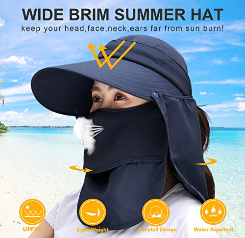 Image of Women Wide Brim Face Mask Sun Hat Detachable Neck Face Flap Ponytail UV Protection Visor Hat Garden Fishing Hiking