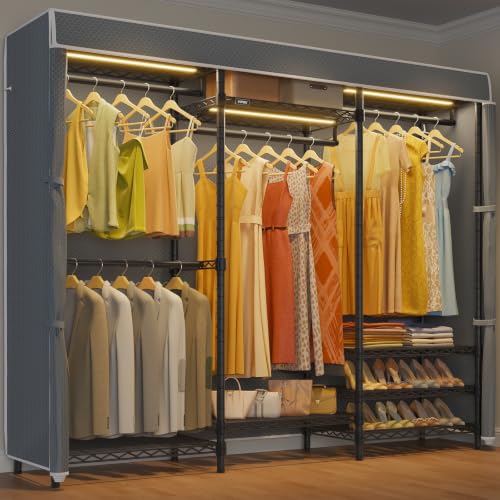 Image of VIPEK V5LC Garment Rack Heavy Duty Covered with Dimmable LED Lights, 3000K Warm White, Portable Closet Wardrobe Freestanding for Hanging Clothes, Black with Grey Cover