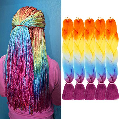 5Pcs/Lot Ombre Jumbo Crochet Braids 24Inch Braiding Hair Synthetic Twist Four Color Braids Hair Extensions for Women(Orange/Yellow/Blue/Purple)