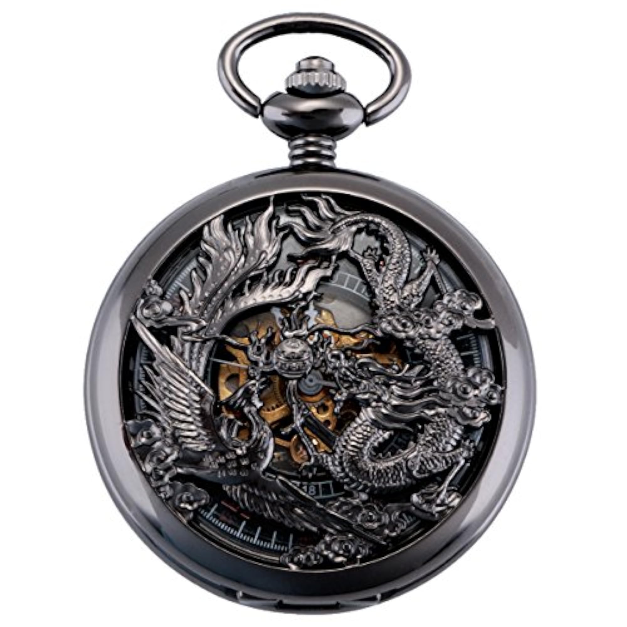 Mechanical Dragon and Phoenix Pocket Watch with Chain, Unisex