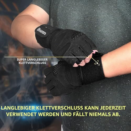 ihuan Belüftete Fitness Handschuhe mit Handgelenkband-Unterstützung für Herren und Frauen | Schwarze Trainingshandschuhe | kompletter Handflächenschutz für Gewichtheben, Training, Fitness, Klimmzüge