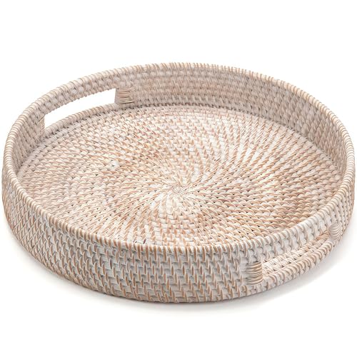 Plateau de Service Rond en Rotin, Plateau de Service en Osier avec Poignées, Panier de Service Décoratif en Tissé Naturel (30 cm, Blanc)