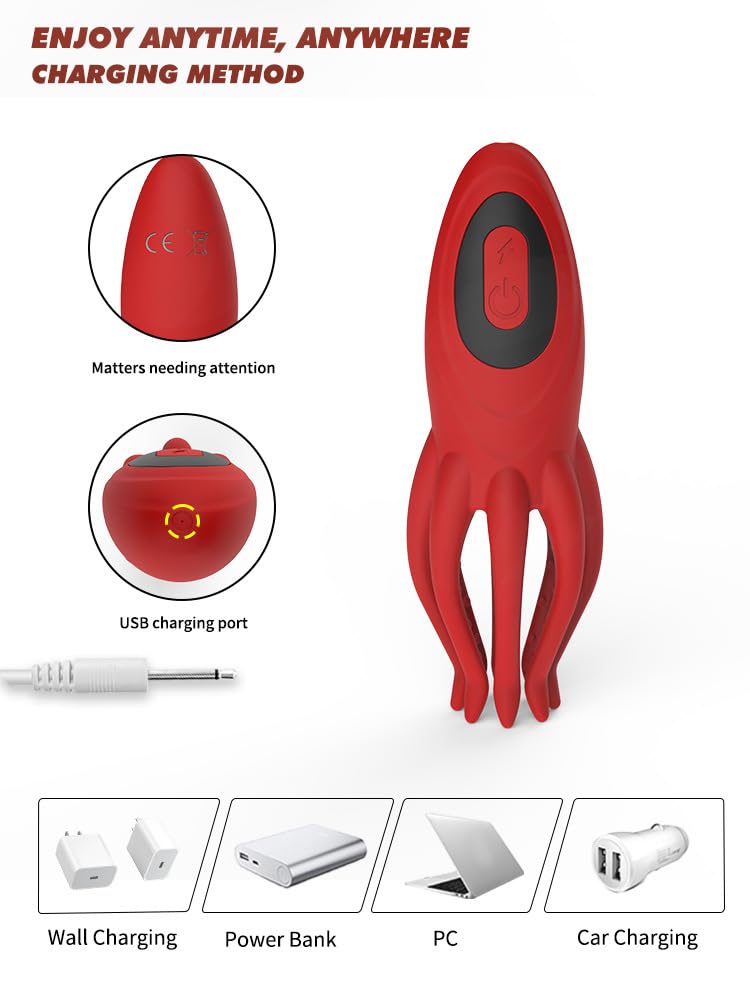 Octopus Masturbator, Electric Shock Glans Trainer with 12 Vibration Modes & 7 Vibration Frequencies Vibrating Penis Massager, Adult Jet Cup, Male Sex Toys (red)